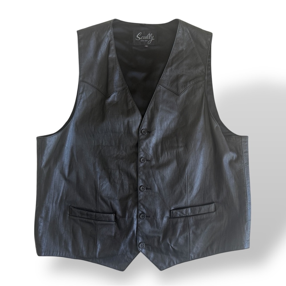 Scully Black Leather Vest Mens 46 Western Yoke Button Up Cowboy Biker  Outerwear